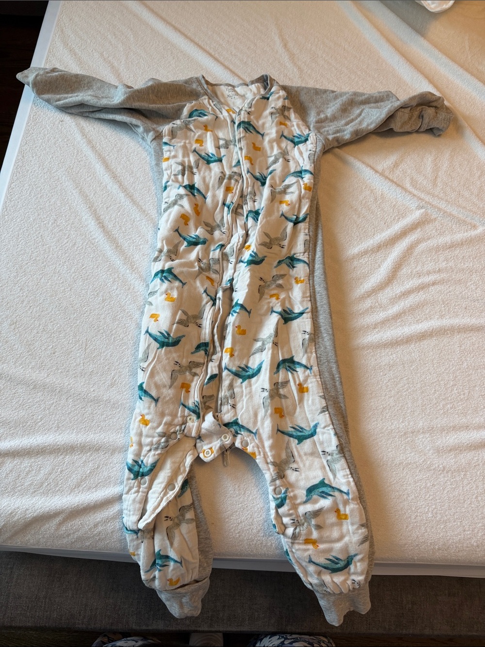 Grey and White Bird-Print Kids Zip-Front Footless Sleep Suit